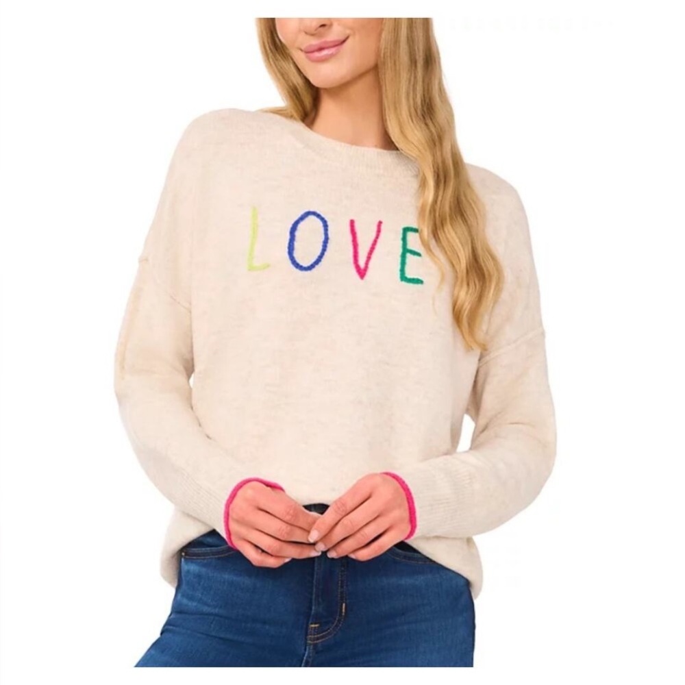 CeCe Women's Love Embroidered Crewneck Long-Sleeve Sweater Malted Size L